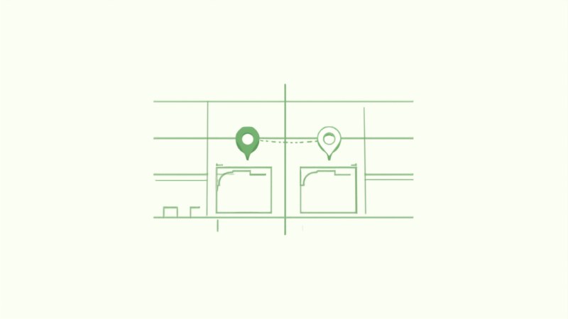 街区の地図に2つのピンが立ち点線で結ばれたイラスト